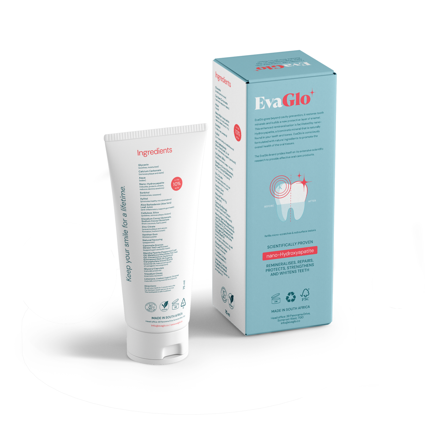 EvaGlo toothpaste tube and packaging on a white background
