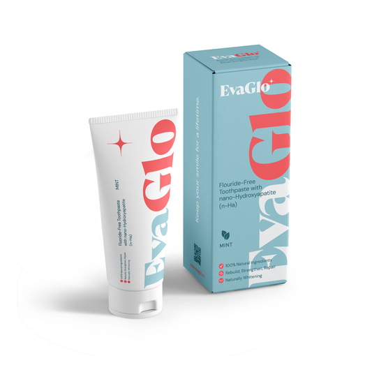 EvaGlo toothpaste tube and packaging on a white background