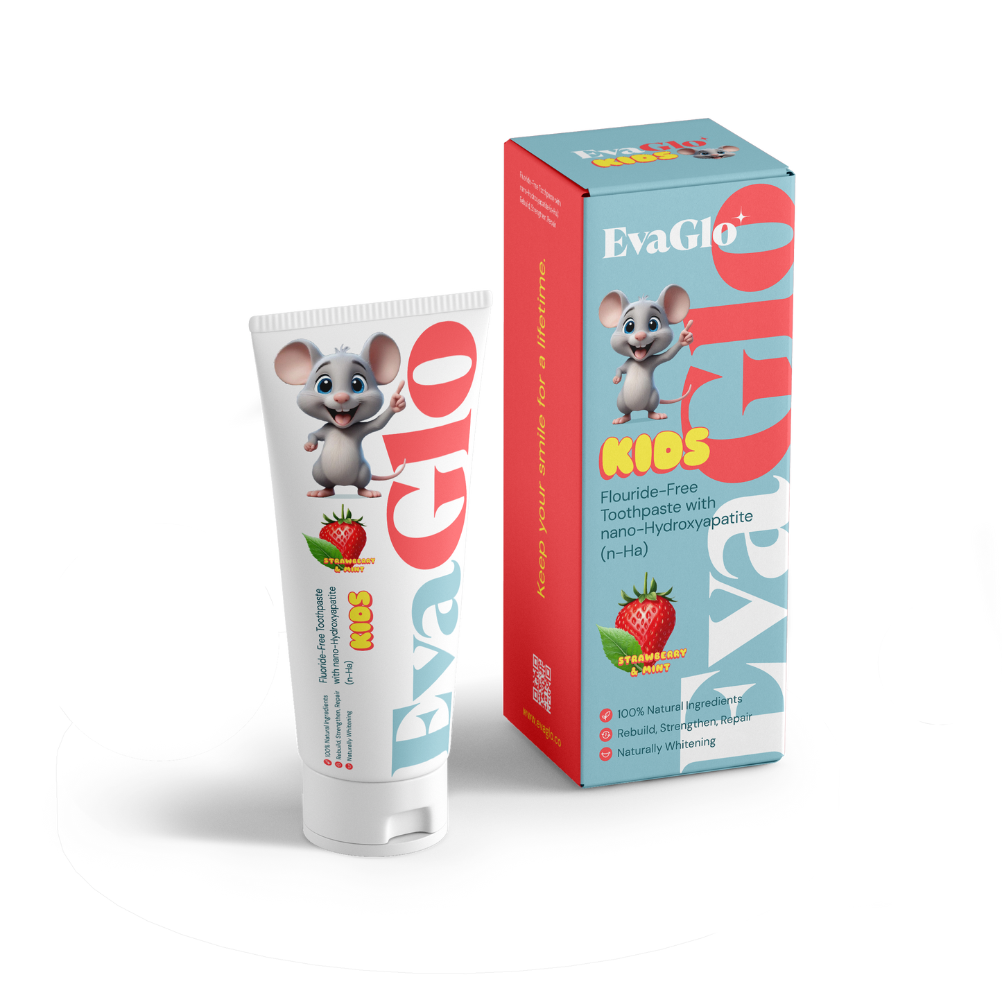 EvaGlo Kids toothpaste tube and packaging on a white background