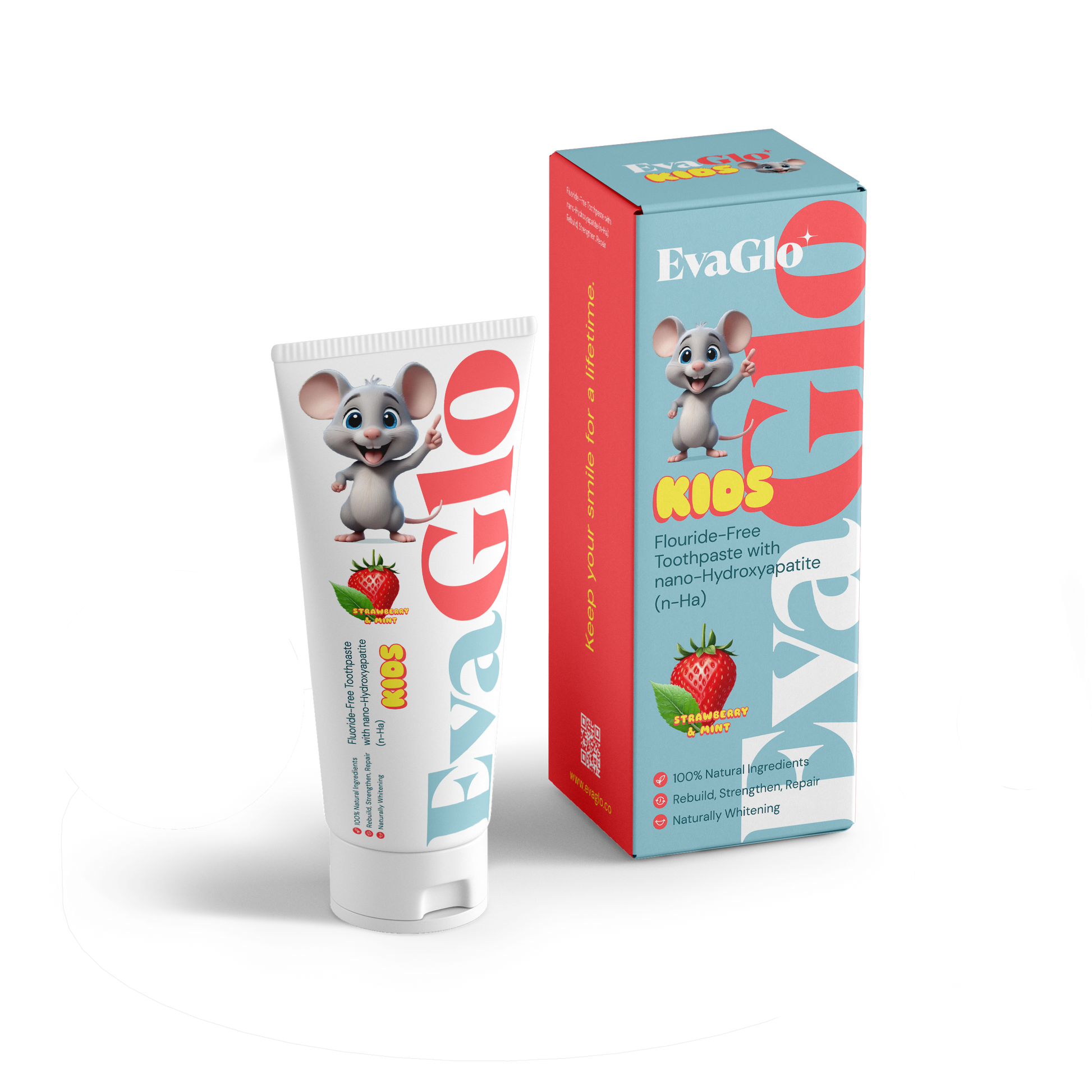 EvaGlo Kids toothpaste tube and packaging on a white background