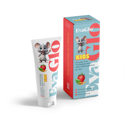 EvaGlo Kids toothpaste tube and packaging on a white background