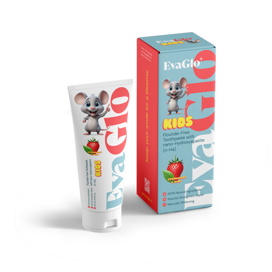 EvaGlo Kids toothpaste tube and packaging on a white background