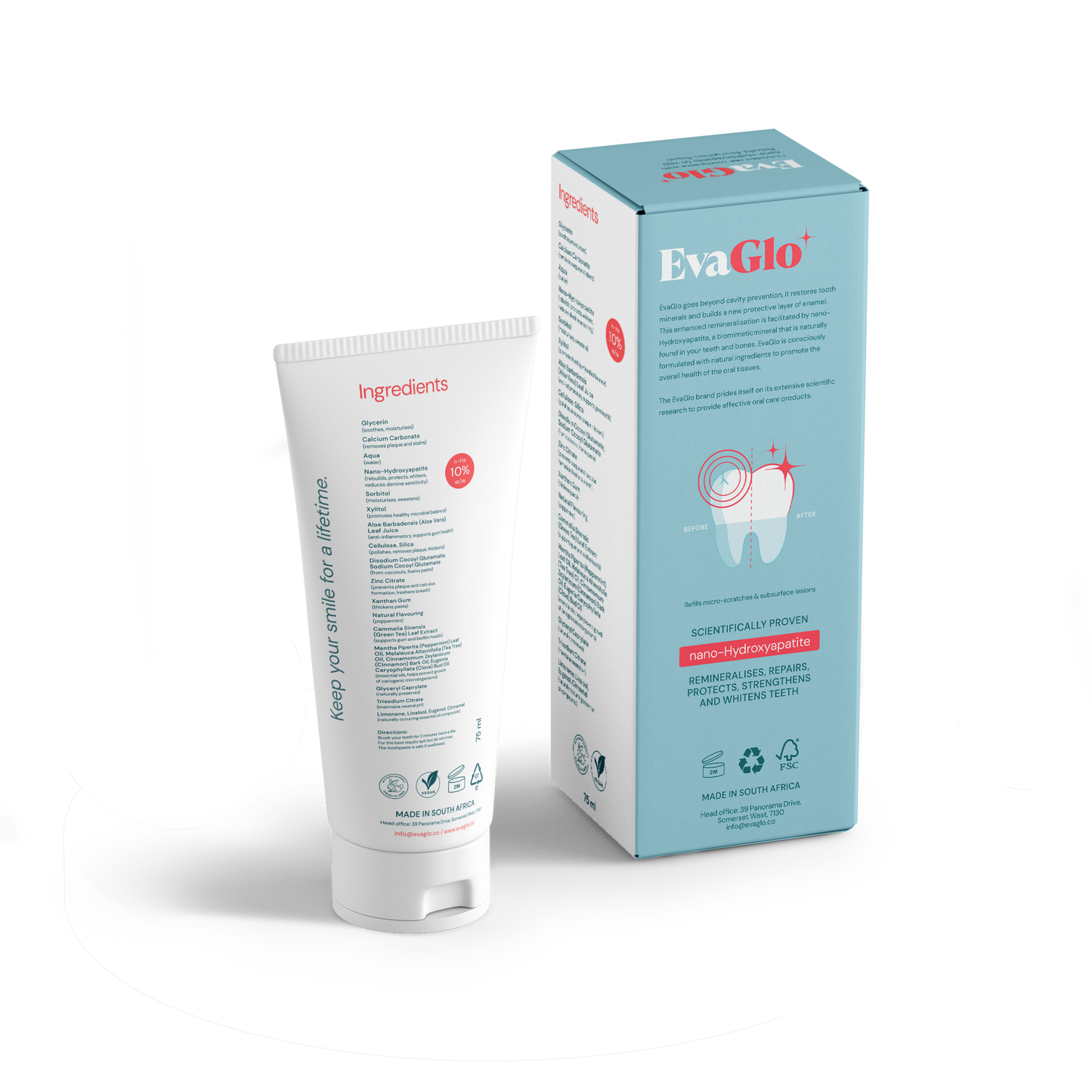 EvaGlo toothpaste tube and packaging on a white background