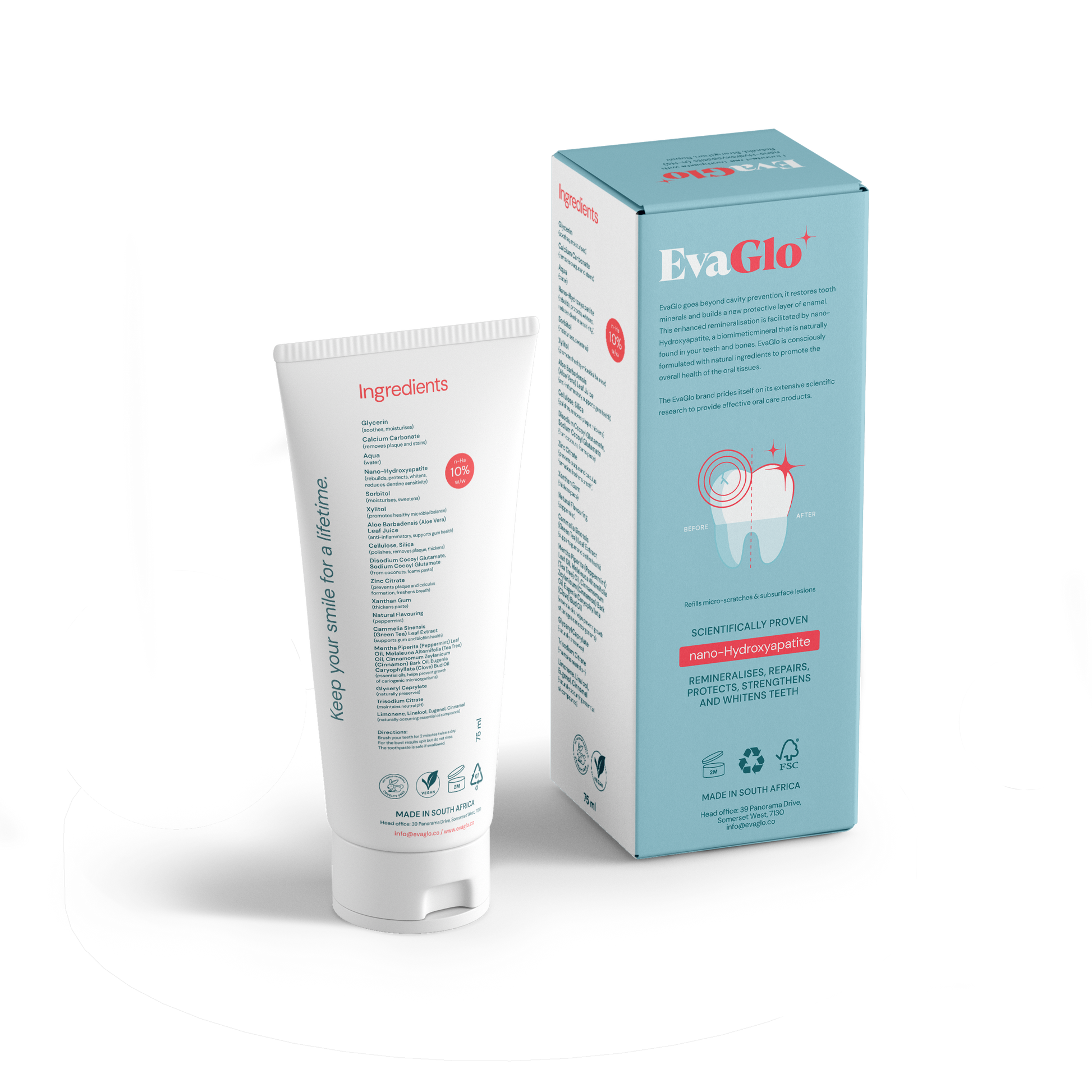 EvaGlo toothpaste tube and packaging on a white background