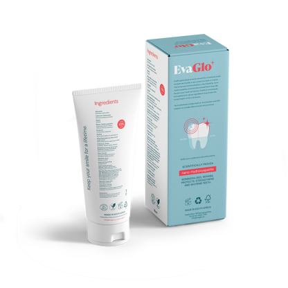 EvaGlo toothpaste tube and packaging on a white background